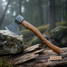 Load image into Gallery viewer, Hand Engraved Norse Viking Bearded Axe with Damascus Steel Blade and Carved Hardwood Handle | JW SteelCrafts