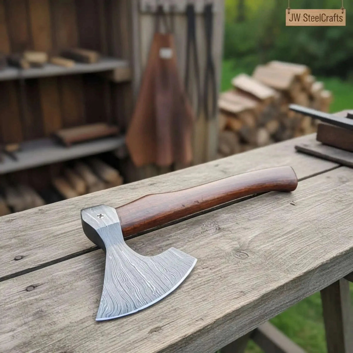 Field Ready Camping Axe, Artisan Pattern Steel Blade, Balanced Wood Ha ...