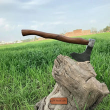 Load image into Gallery viewer, Matching Pair of Hand-Forged Damascus Bearded Axes with Curved Rosewood Handles