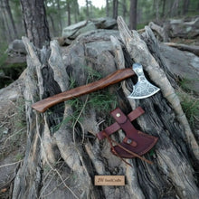 Load image into Gallery viewer, Carbon Steel Viking Bearded Axe – Hand Engraved Norse Skeggøx with Hardwood Handle, Functional Bushcraft and Camping Hatchet | JW SteelCrafts