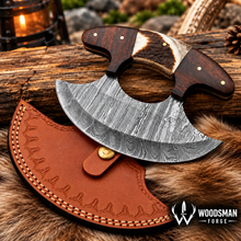 Load image into Gallery viewer, Stagwood Crescent™ Damascus Ulu Knife with Stag Antler &amp; Rosewood Handle