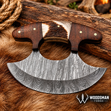 Load image into Gallery viewer, Stagwood Crescent™ Damascus Ulu Knife with Stag Antler &amp; Rosewood Handle