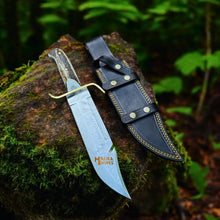 Load image into Gallery viewer, SS Damascus Gut Hook Bowie Knife Stag Antler Handle Sheath