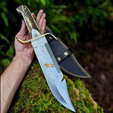 Load image into Gallery viewer, SS Damascus Gut Hook Bowie Knife Stag Antler Handle Sheath