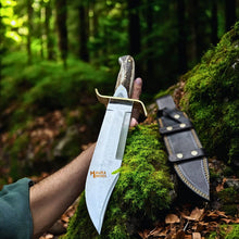 Load image into Gallery viewer, SS Damascus Gut Hook Bowie Knife Stag Antler Handle Sheath