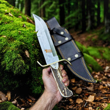 Load image into Gallery viewer, SS Damascus Gut Hook Bowie Knife Stag Antler Handle Sheath