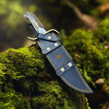 Load image into Gallery viewer, SS Damascus Gut Hook Bowie Knife Stag Antler Handle Sheath