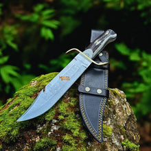 Load image into Gallery viewer, SS Damascus Gut Hook Bowie Knife Stag Antler Handle Sheath