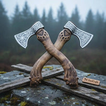 Load image into Gallery viewer, Hand Engraved Norse Viking Bearded Axe Set – Celtic Knot Steel Heads with Carved Hardwood Handles