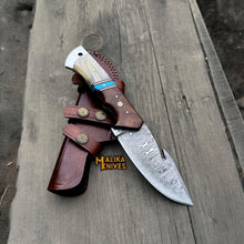 Load image into Gallery viewer, Damascus Gut Hook Hunting Knife with Wood Handle &amp; Sheath