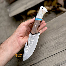 Load image into Gallery viewer, Damascus Gut Hook Hunting Knife with Wood Handle &amp; Sheath