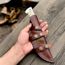 Load image into Gallery viewer, Damascus Gut Hook Hunting Knife with Wood Handle &amp; Sheath