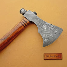 Load image into Gallery viewer, Damascus Smoking Axe with Leather Sheath and Ringed Rosewood Handle