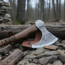Load image into Gallery viewer, Norse Pattern Acid Etched Bushcraft Belt Viking Bearded Axe with Leather Carry Sheath