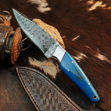 Load image into Gallery viewer, Bluecrest Trail™ Damascus Hunting Knife – Blue Resin Full Tang