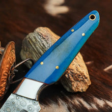 Load image into Gallery viewer, Bluecrest Trail™ Damascus Hunting Knife – Blue Resin Full Tang
