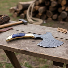 Load image into Gallery viewer, Damascus Steel Bushcraft Axe with Hardwood Handle &amp; Leather Sheath