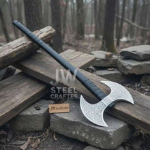 Load image into Gallery viewer, Custom Handmade Double-Headed Viking Axe with Nordic Knotwork Engravings and Cord-Wrapped Handle