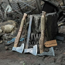Load image into Gallery viewer, Norse Viking Axe Set with Engraved Steel Heads and Carved Hardwood Handles