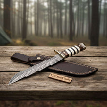 Load image into Gallery viewer, American Clip Point Bowie Knife Damascus Steel Stacked Bone Wood Handle JW SteelCrafts