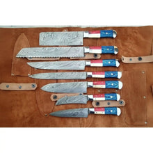 Load image into Gallery viewer, 8-Piece Texas Flag Damascus Knife Set with Cleaver, Bread Knife &amp; More, 8 to 13 Inch Blades | JW Steel Crafts