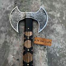Load image into Gallery viewer, Hand Engraved Double Headed Viking Axe with Nordic Knotwork and Leather Wrapped Handle