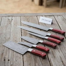 Load image into Gallery viewer, JW SteelCrafts 7 Piece Damascus Kitchen Knife Set, Paring Utility Santoku Chef Carving Bread Knife and Vegetable Cleaver, Handmade Damascus Steel Knife Set Red Wood Handle