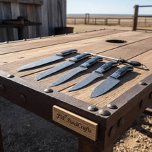 Load image into Gallery viewer, 5-Piece Damascus Kitchen Knife Set — 9" Uniform Blades, Black Handles with Steel Bolsters, Leather Roll &amp; Honing Rod