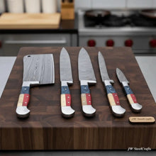 Load image into Gallery viewer, Texas Flag Handle Damascus 5-Piece Knife Set with Leather Kit