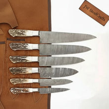 Load image into Gallery viewer, 7-Piece Damascus Kitchen Knife Set — Synthetic Stag Horn Handles, Brass Bolsters &amp; Full Tang Forged Blades
