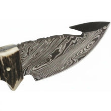Load image into Gallery viewer, Damascus Steel Skinner Knife w/ Stag Handle and Gut Hook /Hunting Fixed Blade Knife