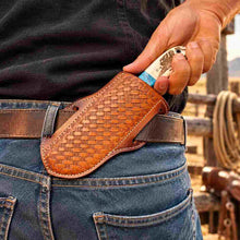 Load image into Gallery viewer, Handmade Raindrop Damascus Cowboy Knife with Antler Horn, Turquoise Handle &amp; Leather Sheath