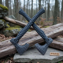 Load image into Gallery viewer, Forged Tool Axe Duo – Textured Steel Heads with Sculpted Hardwood Handles and Leather Sheaths