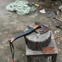 Load image into Gallery viewer, Viking Axe with Leather Wrapped Handle &amp; Engraved Head – JW SteelCrafts