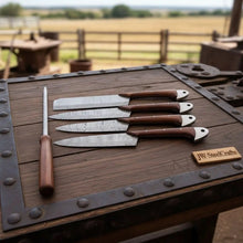 Load image into Gallery viewer, 4-Piece Handmade Damascus Kitchen Knife Set – Rosewood Handles, Steel Bolsters &amp; Brass Pins | Chef, Santoku, Cleaver &amp; Utility | Leather Roll &amp; Honing Rod Included