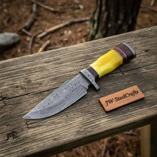 Load image into Gallery viewer, Frontier Clip Point Bowie Knife, Forged Damascus Steel with Colored Bone &amp; Wood Spacer Handle