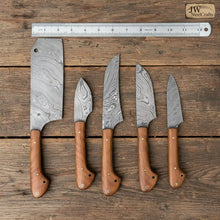 Load image into Gallery viewer, Custom Hand-Forged Damascus 5-Piece Kitchen Knife Set with Olive Wood Handles