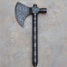 Load image into Gallery viewer, Artisan Damascus Smoking Axe – Functional Tobacco Pipe with Sculpted Hardwood Shaft