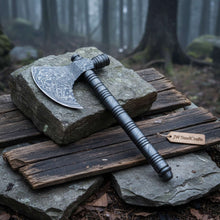 Load image into Gallery viewer, Artisan Damascus Smoking Axe – Functional Tobacco Pipe with Sculpted Hardwood Shaft