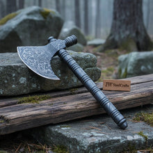 Load image into Gallery viewer, Artisan Damascus Smoking Axe – Functional Tobacco Pipe with Sculpted Hardwood Shaft