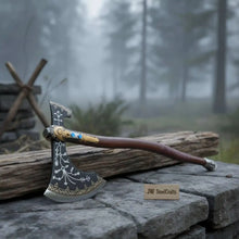 Load image into Gallery viewer, Hand Forged Viking Fantasy Double-Bit Axe with Norse Engraving, Gold Handle Fittings and Blue Gemstone Inlays