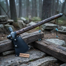 Load image into Gallery viewer, Custom Hand Forged Damascus Steel Smoking Axe – Functional Pipe Axe with Carved Hardwood Shaft