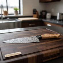 Load image into Gallery viewer, 13-Inch Fire Pattern Damascus Chef Knife — Olive Wood Handle, Brass Pins &amp; Dark Bolster | JW Steel Crafts