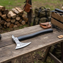 Load image into Gallery viewer, Hand-finished Bearded Axe – Detailed Etched Steel Head with Minimalist Black Handle