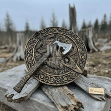 Load image into Gallery viewer, Handcrafted Viking Shield and Engraved Axe Set with Raven Motif and Norse Knotwork