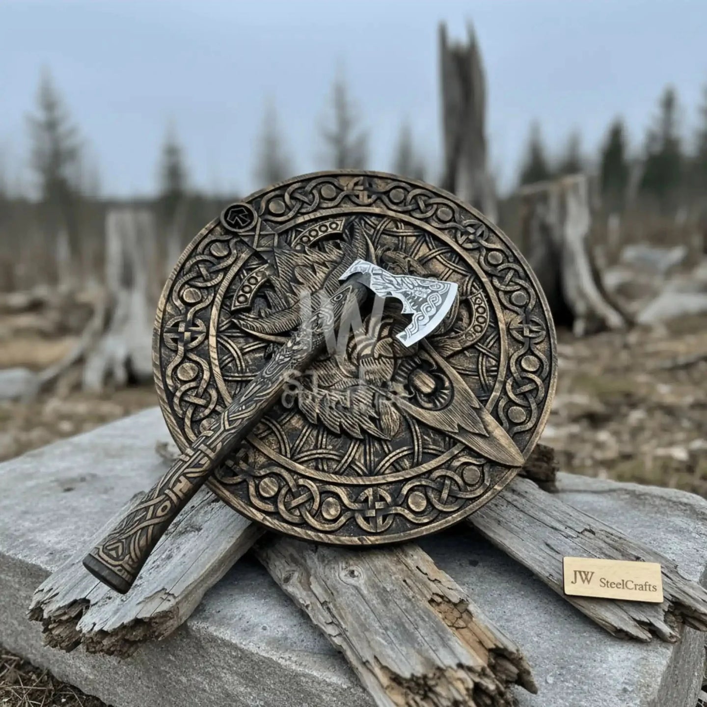 Handcrafted Viking Shield and Engraved Axe Set with Raven Motif