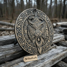 Load image into Gallery viewer, Handcrafted Viking Shield and Engraved Axe Set with Raven Motif and Norse Knotwork