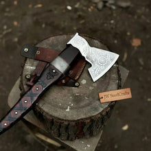 Load image into Gallery viewer, Viking Bearded Axe with Norse Engraved Blade and Leather Sheath