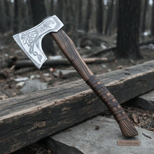 Load image into Gallery viewer, Hand Forged Carbon Steel Viking Axe with Carved Ash Wood Handle and Leather Grip