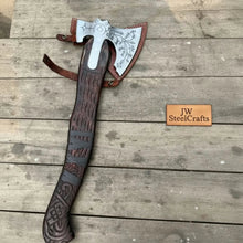 Load image into Gallery viewer, Handmade Viking Double-Bit Carbon Steel Axe with Norse Rune Etching and Engraved Hardwood Handle